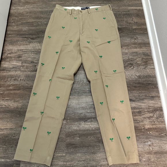 Polo Ralph Lauren Other - Vintage Polo Ralph Lauren Tennis Racket All Over Embroidery Khaki Pants  35x32